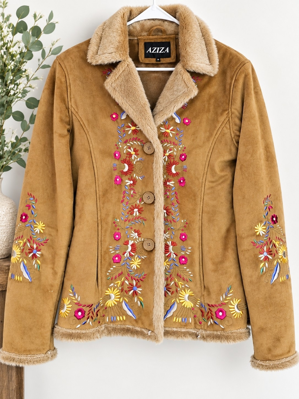 Aziza Embroidered Faux Suede Faux Fur Boho Jacket Size M